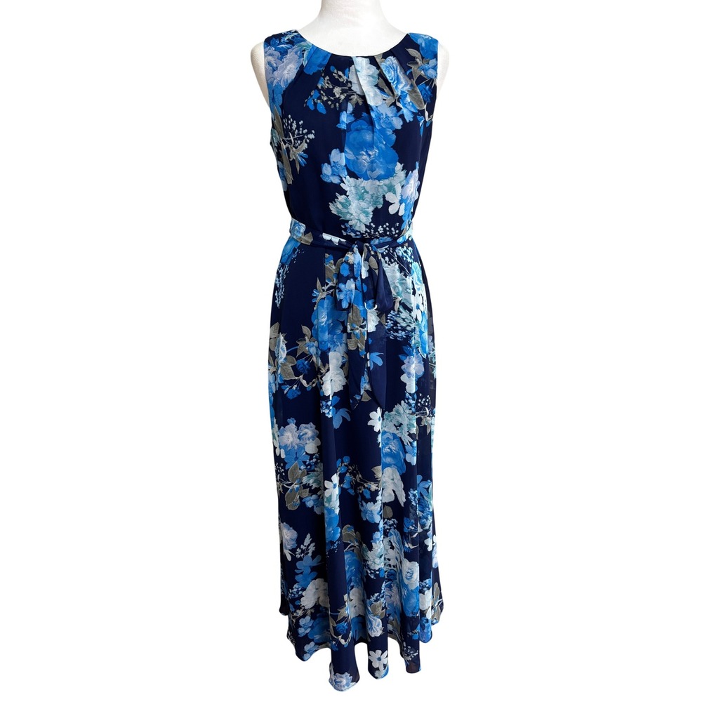 K Studio Collection Maxi Dress Blue Floral Sleeveless Chiffon Belted Wedding 6
